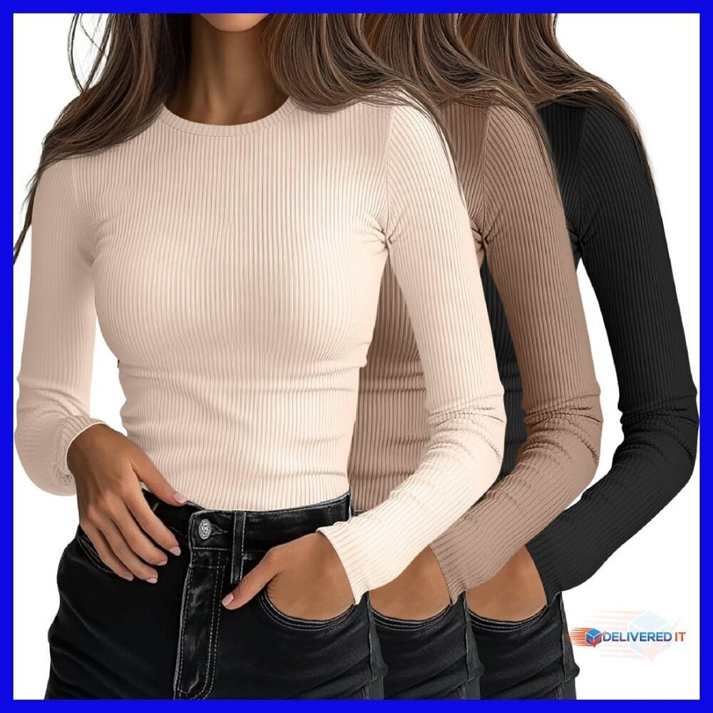 3 Pack Ribbed Long Sleeve Tops Slim Fit Stretch Layering Tees